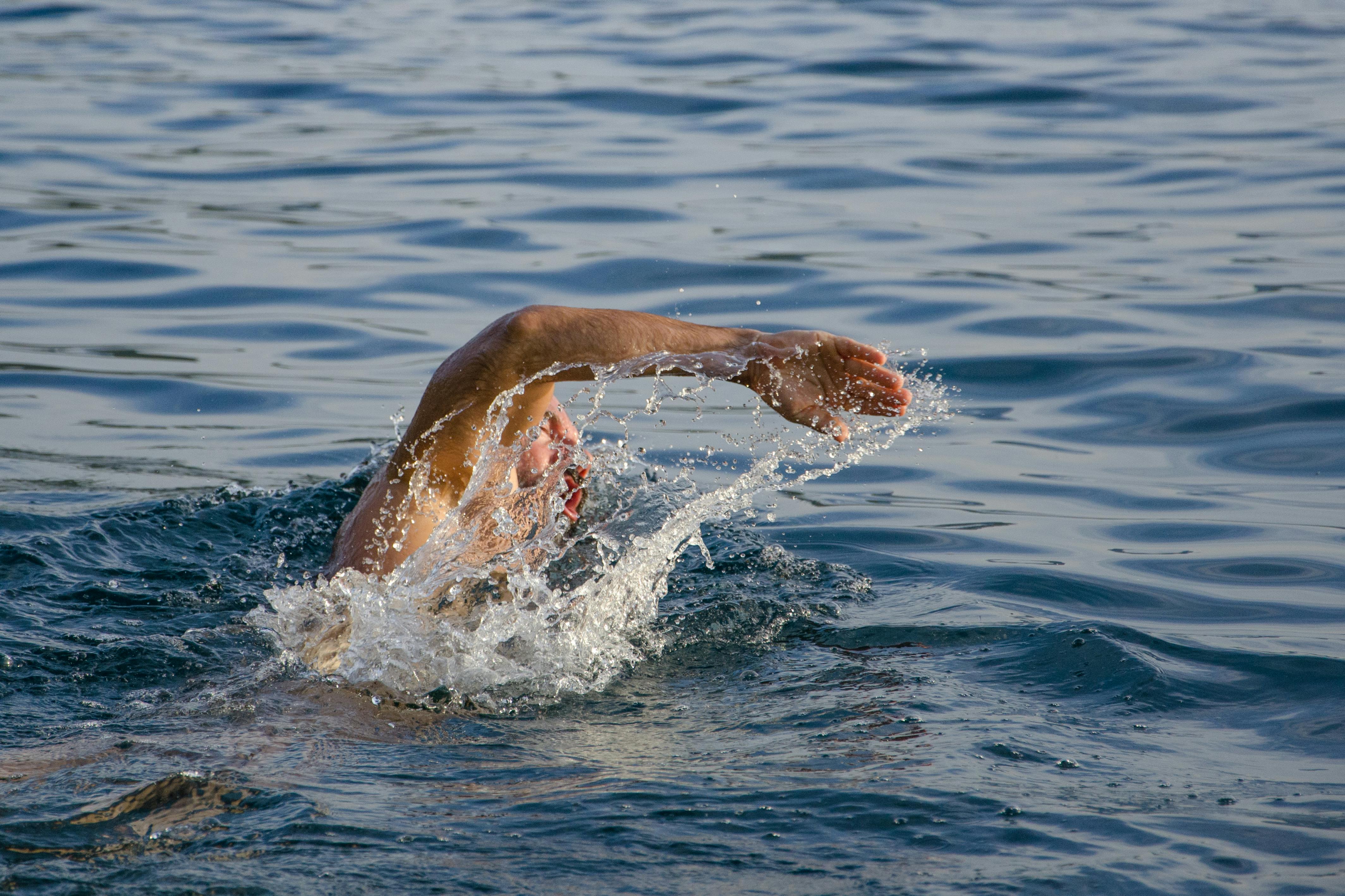 Ein Mann krault im offenen Gewässer, seine rechte Hand zieht aus dem Wasser